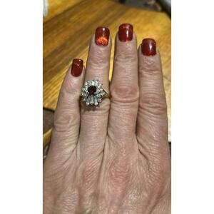 14k Gold Plated Ring with baguettes, “diamonds”, and Garnet.